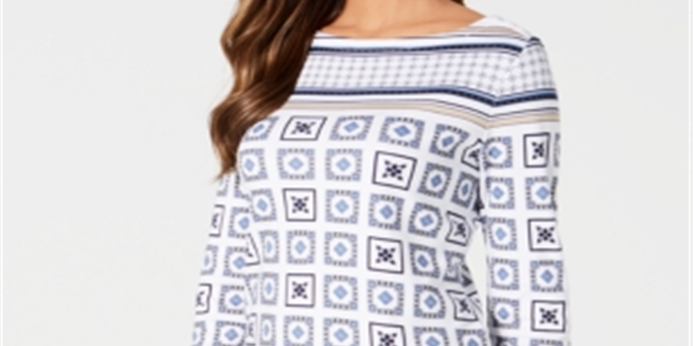 Charter Club Women's 3/4 Sleeve Printed Top White Size Petite M