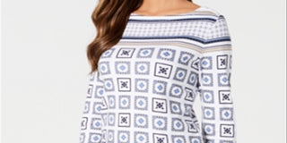 Charter Club Women's 3/4 Sleeve Printed Top White Size Petite M