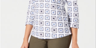 Charter Club Women's 3/4 Sleeve Printed Top White Size Petite M