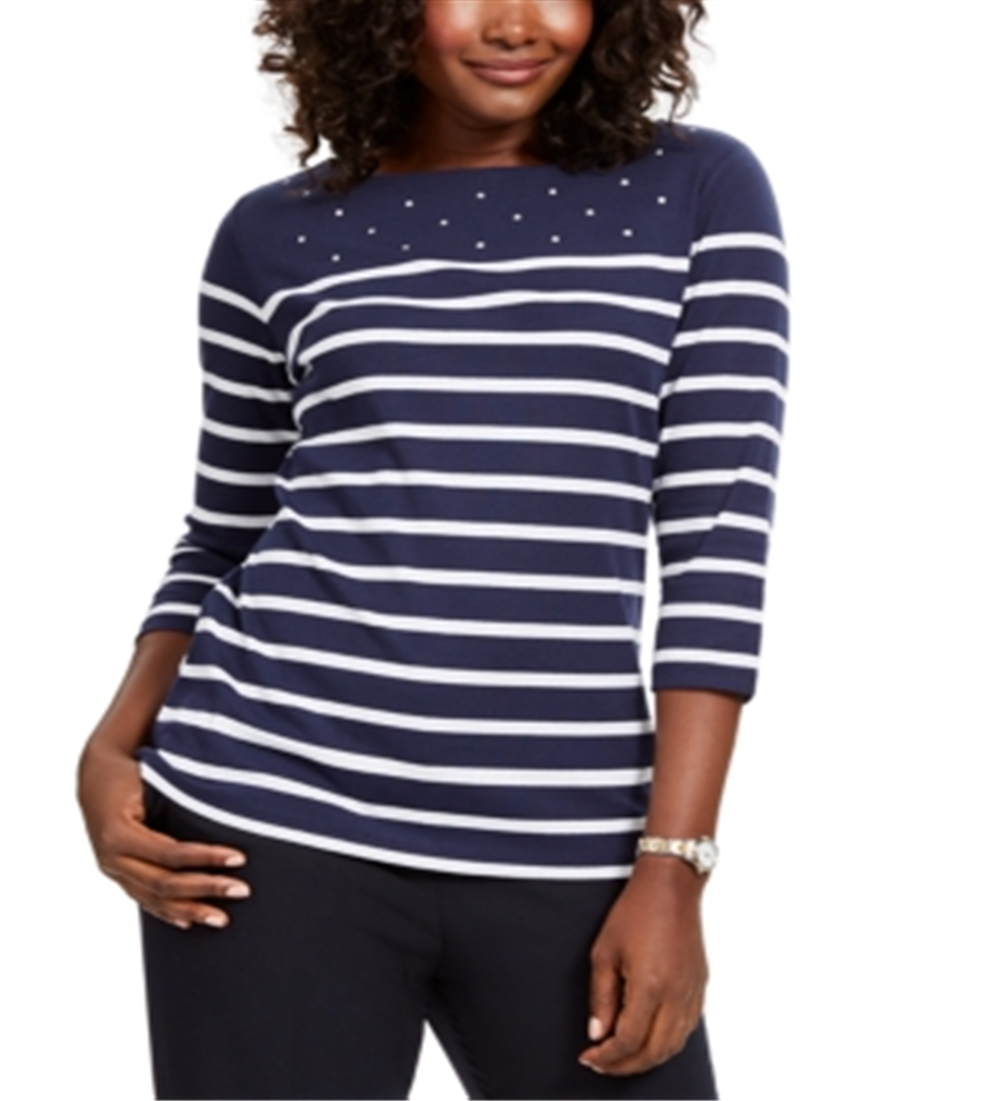 Karen Scott Women's Colorblocked Studded Top Blue Size X-Small
