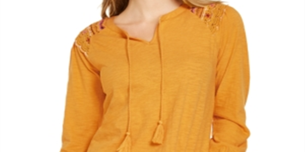 Style & Co Women's Embroidered Shoulder Top Yellow Size Small