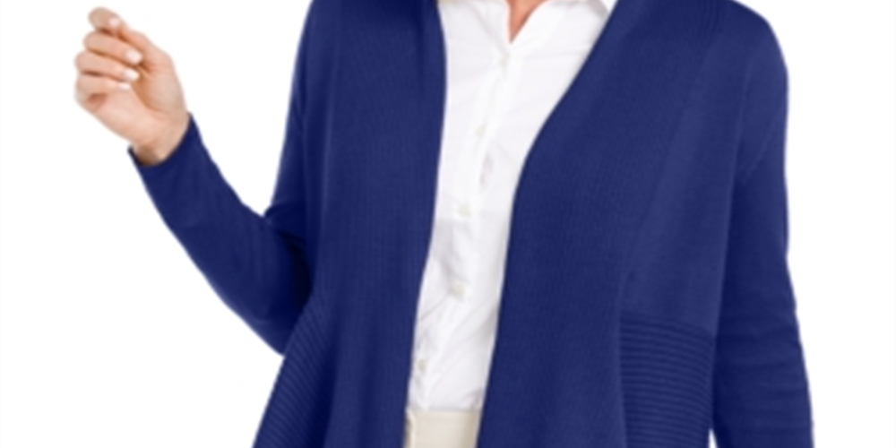 JM Collection Women's Mixed Ribbed Flyaway Cardigan Blue Size Petite S