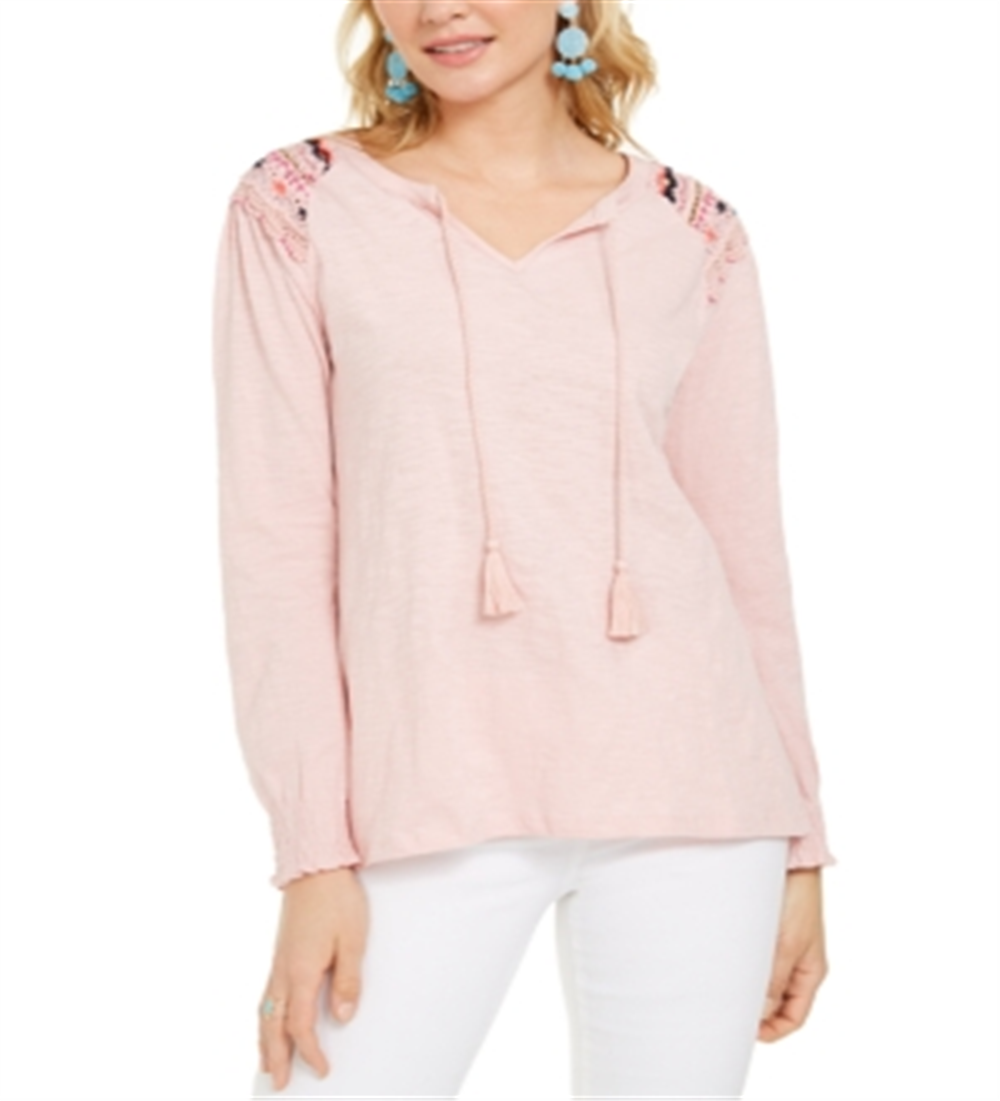 Style & Co Women's Embroidered Shoulder Top Pink Size Small