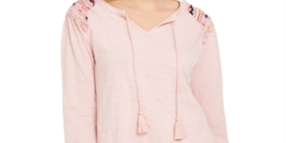 Style & Co Women's Embroidered Shoulder Top Pink Size Small