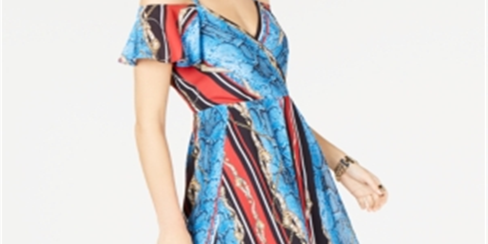 INC International Concepts Women's Printed Cold Shoulder Dress Blue Multi Size 12 Petite