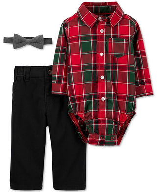 Carter's Boy's 3 Piece Plaid Bodysuit Pant and Bow Tie Set Red Size 18M