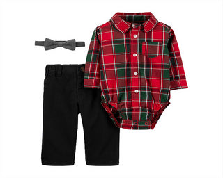 Carter's Boy's 3 Piece Plaid Bodysuit Pant and Bow Tie Set Red Size 18M