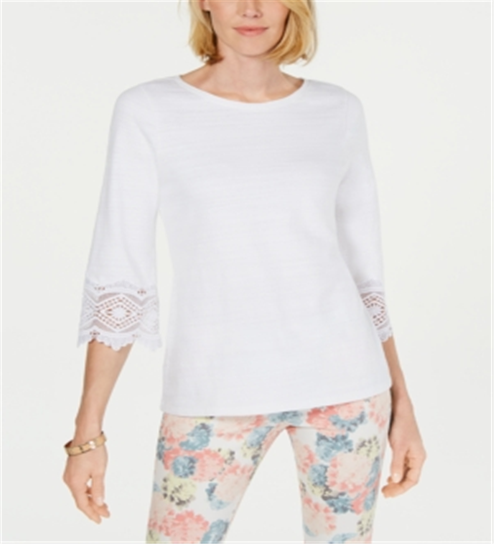 Charter Club Women's Lace Sleeve Top White Size Petite S