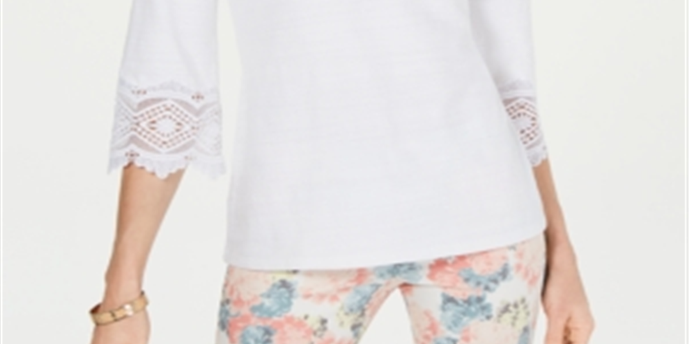 Charter Club Women's Lace Sleeve Top White Size Petite S