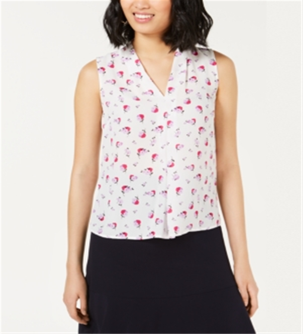 Bar III Women's Floral Pleat Top White Size Large