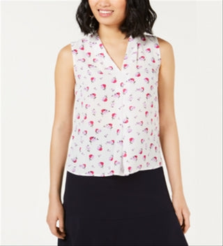 Bar III Women's Floral Pleat Top White Size Large