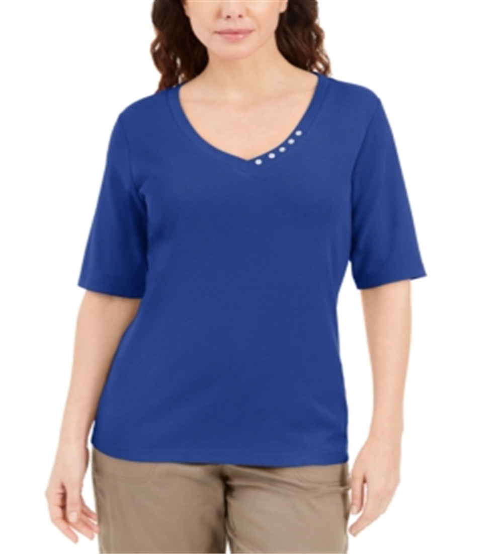 Karen Scott Women's Button Detail V Neck Top Blue Size X-Small