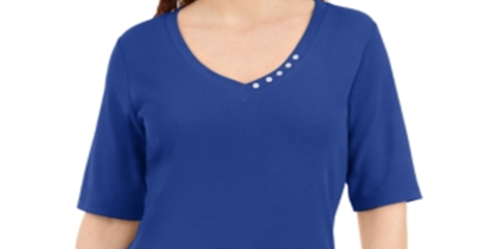 Karen Scott Women's Button Detail V Neck Top Blue Size X-Small
