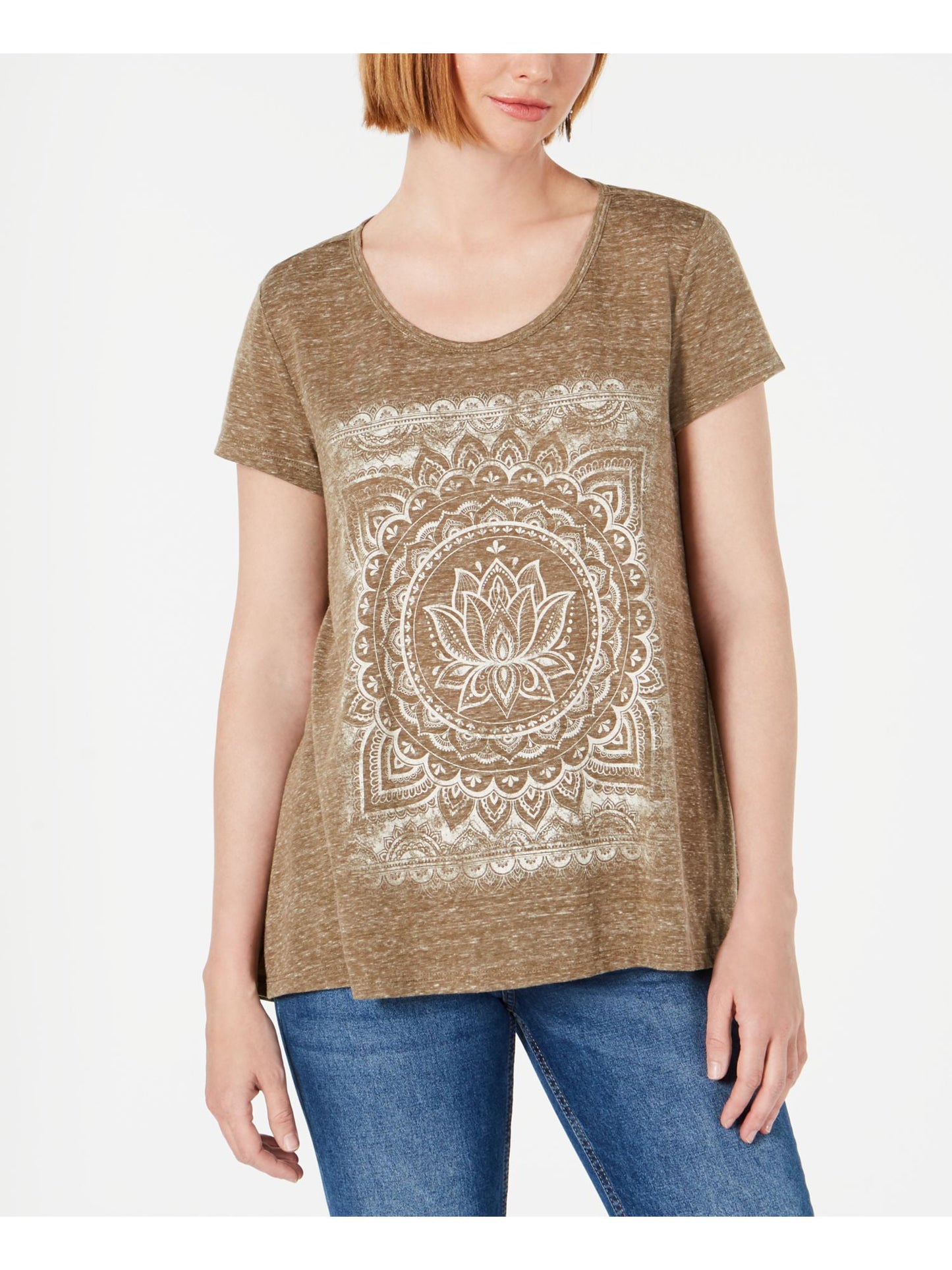 Style & Co Women's Printed Short Sleeve Jewel Neck T-Shirt Top Olive Size Small
