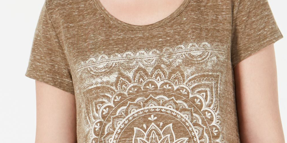 Style & Co Women's Printed Short Sleeve Jewel Neck T-Shirt Top Olive Size Small