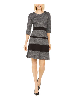 Connected Apparel Women's Zippered Color Block 3/4 Sleeve Crew Neck Short Fit Flare Wear to Work Dress Black Size 10