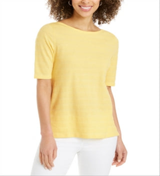 Charter Club Women's Cotton Texture Striped Elbow Sleeve Top Yellow Size XX-Large