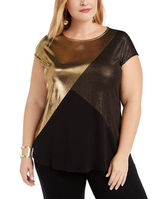 Alfani Women's Metallic Colorblocked T-Shirt Black Size 2X