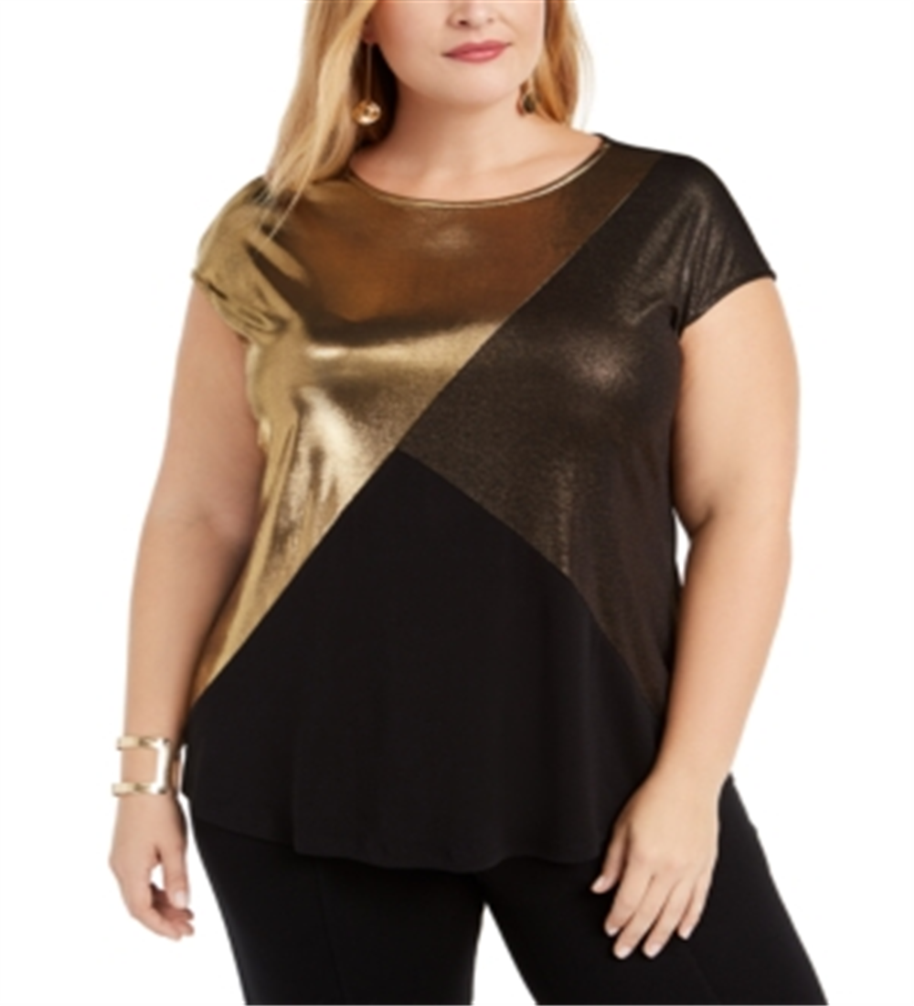 Alfani Women's Metallic Colorblocked T-Shirt Black Size 2X