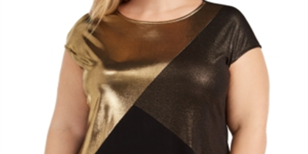 Alfani Women's Metallic Colorblocked T-Shirt Black Size 2X
