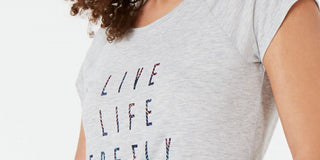 Ideology Women's Cross Back Printed Short Sleeve Jewel Neck T-Shirt Active Wear Top Gray Size Small