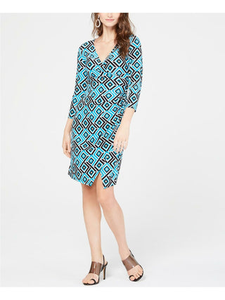 INC International Concepts Women's Turquoise Slitted Patterned 3/4 Sleeve V Neck Above the Knee Evening Sheath Dress Petites Black Size Petite Small