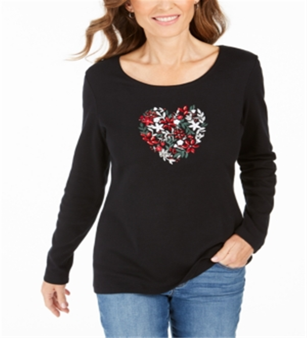 Karen Scott Women's Joyful Heart Cotton Top Black Size X-Small