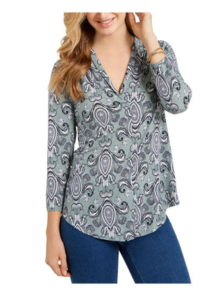 Charter Club Women's Curved Hem Paisley 3/4 Sleeve Surplice Neckline Wear to Work Top Green Size Small