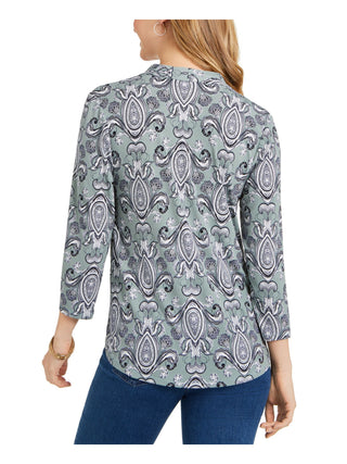 Charter Club Women's Curved Hem Paisley 3/4 Sleeve Surplice Neckline Wear to Work Top Green Size Small