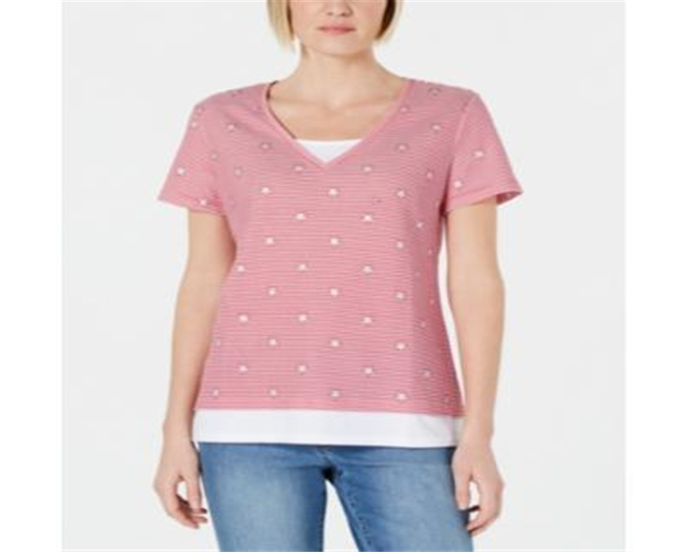 Karen Scott Women's Micro Stripes & Stars T-Shirt Red Size Petite Large
