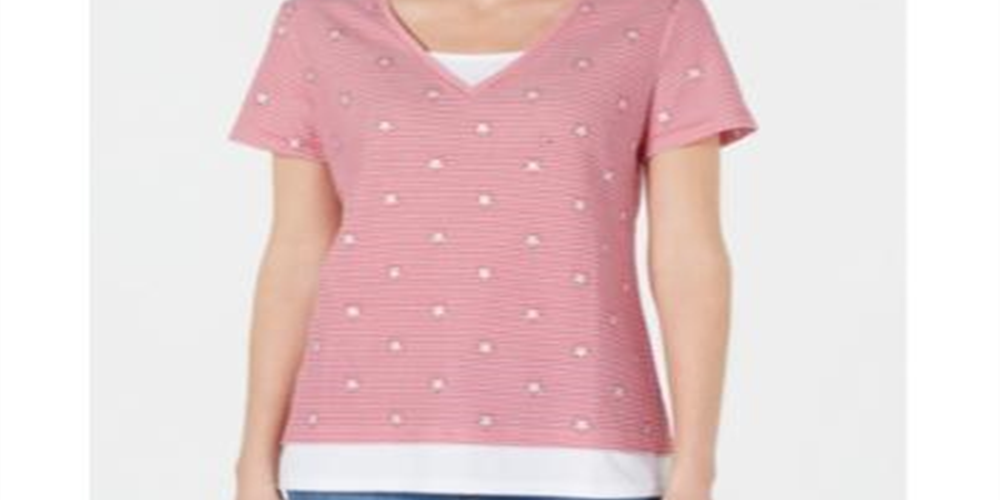 Karen Scott Women's Micro Stripes & Stars T-Shirt Red Size Petite Large
