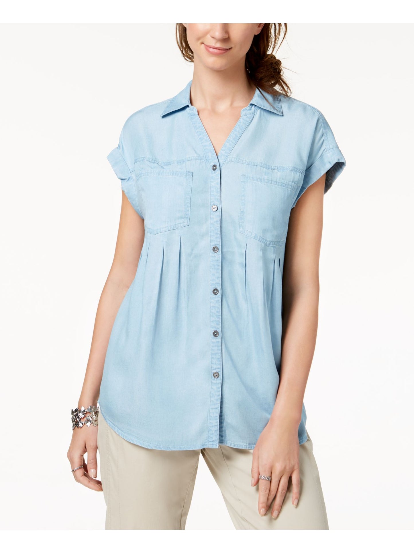 Style & Co Women's Pleated Cuffed Sleeve Top Blue Size Small