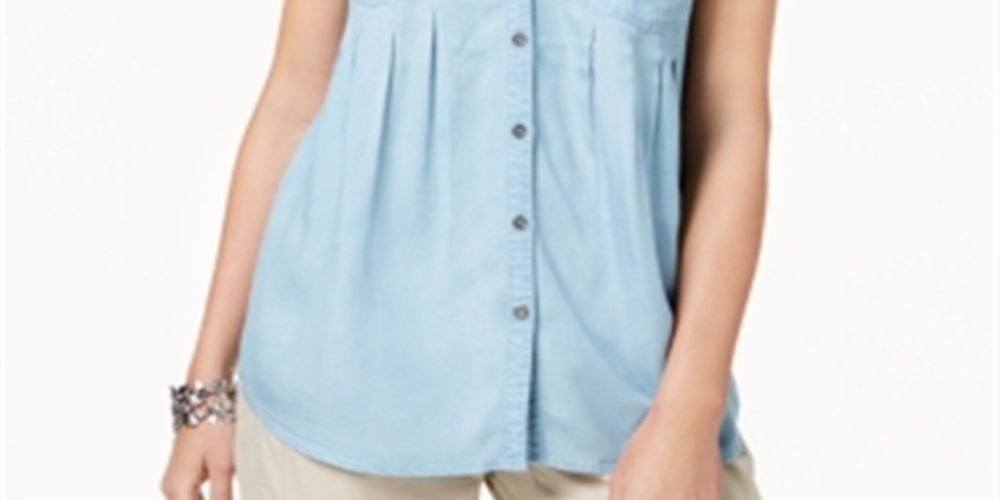 Style & Co Women's Pleated Cuffed Sleeve Top Blue Size Small