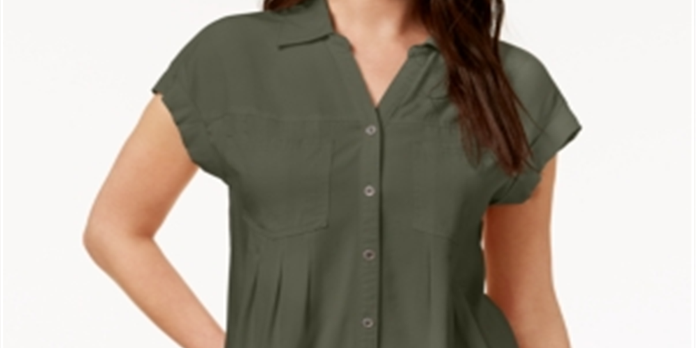 Style & Co Women's Pleated Cuffed Sleeve Top Green Size XX-Large