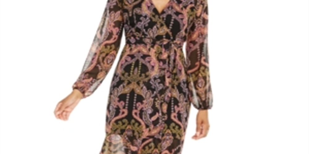 Thalia Sodi Women's Printed Surplice Peasant Dress Black Size Large