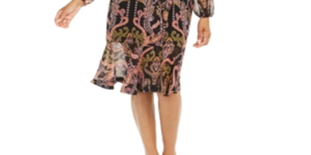 Thalia Sodi Women's Printed Surplice Peasant Dress Black Size Large