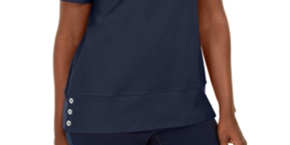 Karen Scott Women's Button Hem Scoop Neck Cotton Top Blue Size Large