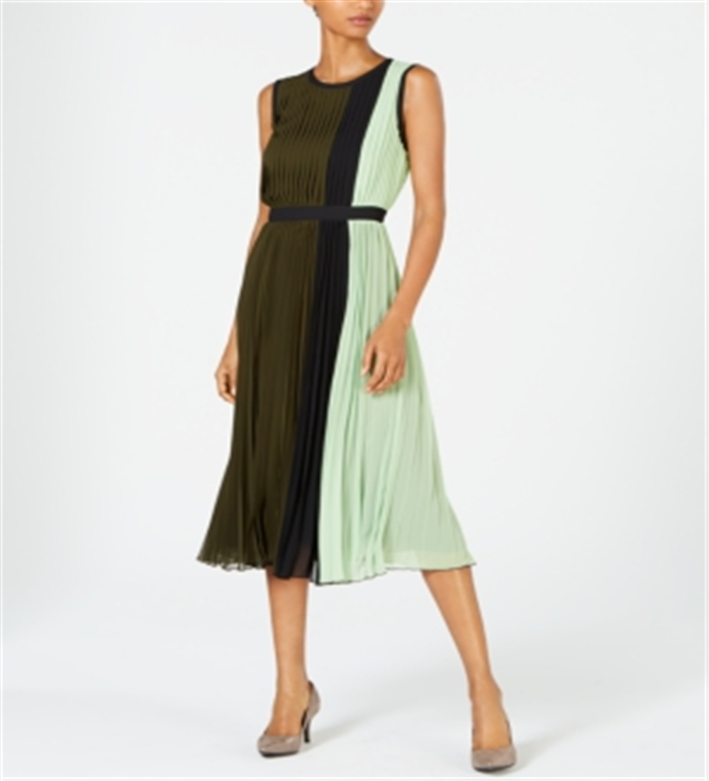 Alfani Women's Colorblocked Pleated Midi Dress Green Size 4 Petite
