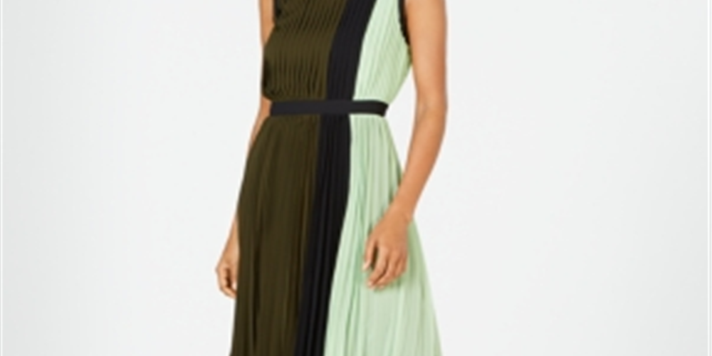 Alfani Women's Colorblocked Pleated Midi Dress Green Size 4 Petite