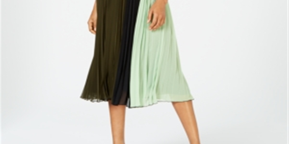 Alfani Women's Colorblocked Pleated Midi Dress Green Size 4 Petite