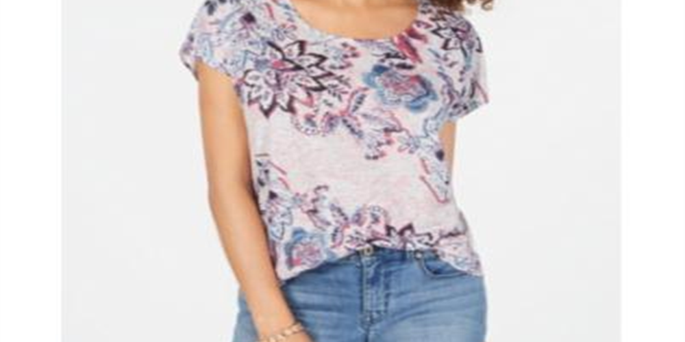 Style & Co Women's Printed Short Sleeve T-Shirt Light Grey Size X-Small