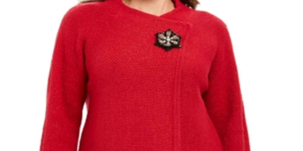JM Collection Women's Solid Long Sleeve Crew Neck Wrap Evening Sweater Red Size Small