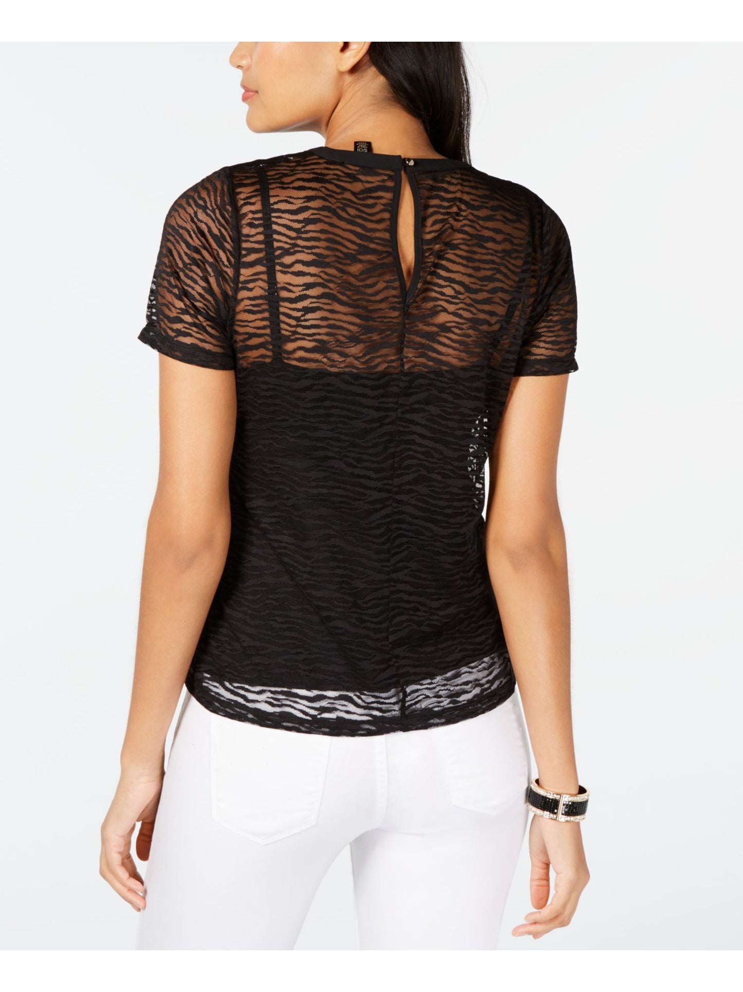 Thalia Sodi Women's Lace Short Sleeve Crew Neck Top Black Size Small