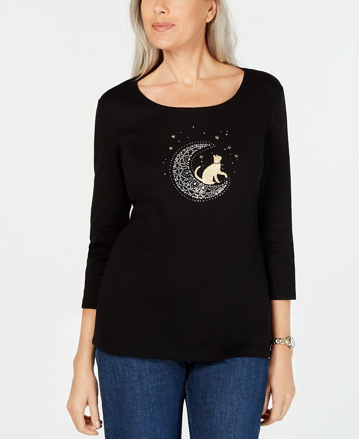 Karen Scott Women's Cotton Beaded Tee Black Size Petite Small