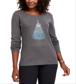 Karen Scott Women's Cotton Holiday-Print T-Shirt Charcoal Size X-Small