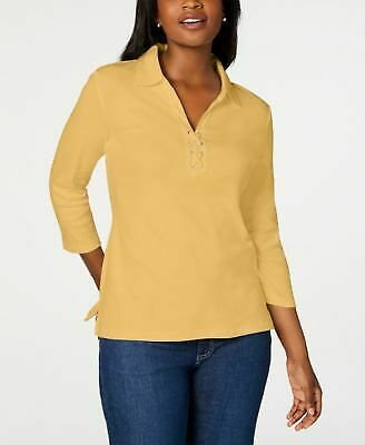 Karen Scott Women's Cotton Lace up Shirt Yellow  Size Medium
