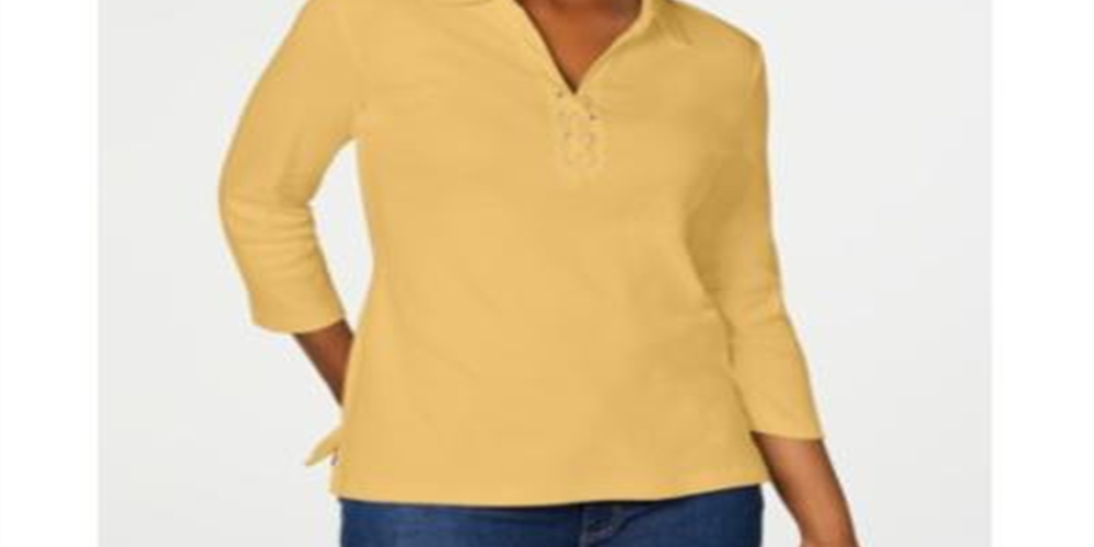Karen Scott Women's Cotton Lace up Shirt Yellow  Size Medium