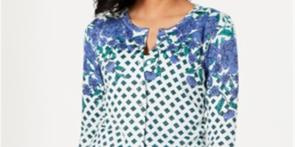 Charter Club Women's Floral Print Sparkle Cardigan Gray Size XX-Large