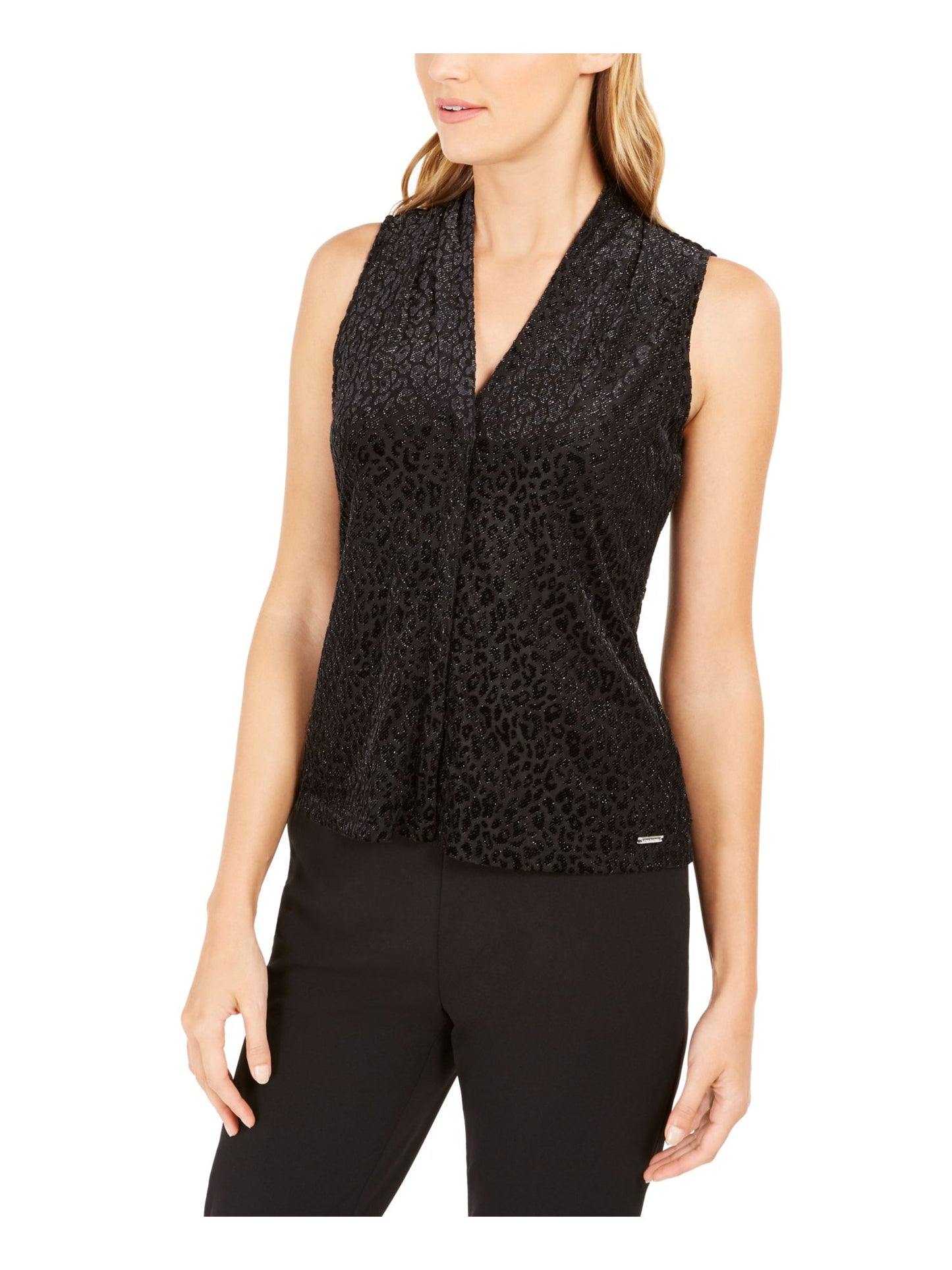 Calvin Klein Women's Tank Top Animal Pattern Glitter Black Size Petite XS