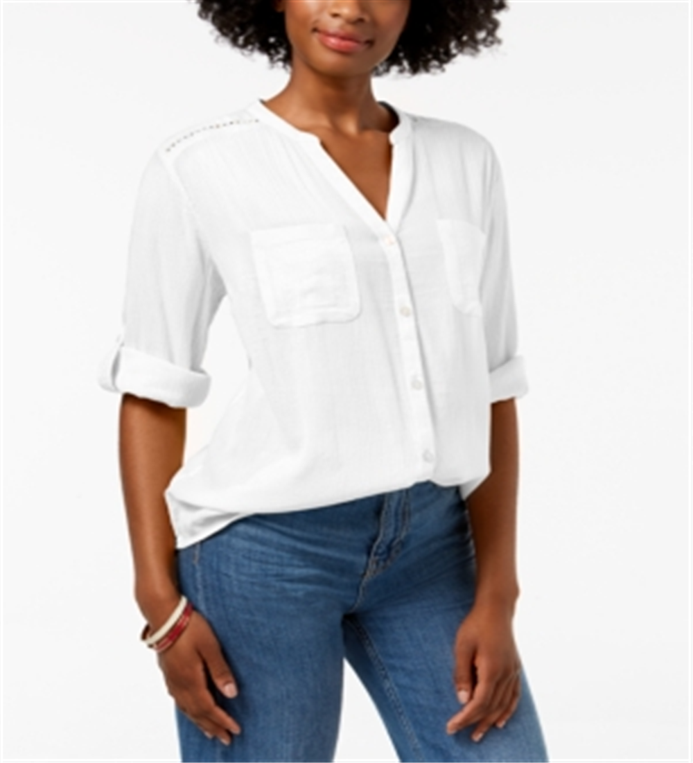 Charter Club Women's Split Neck Utility Shirt White Petite Medium